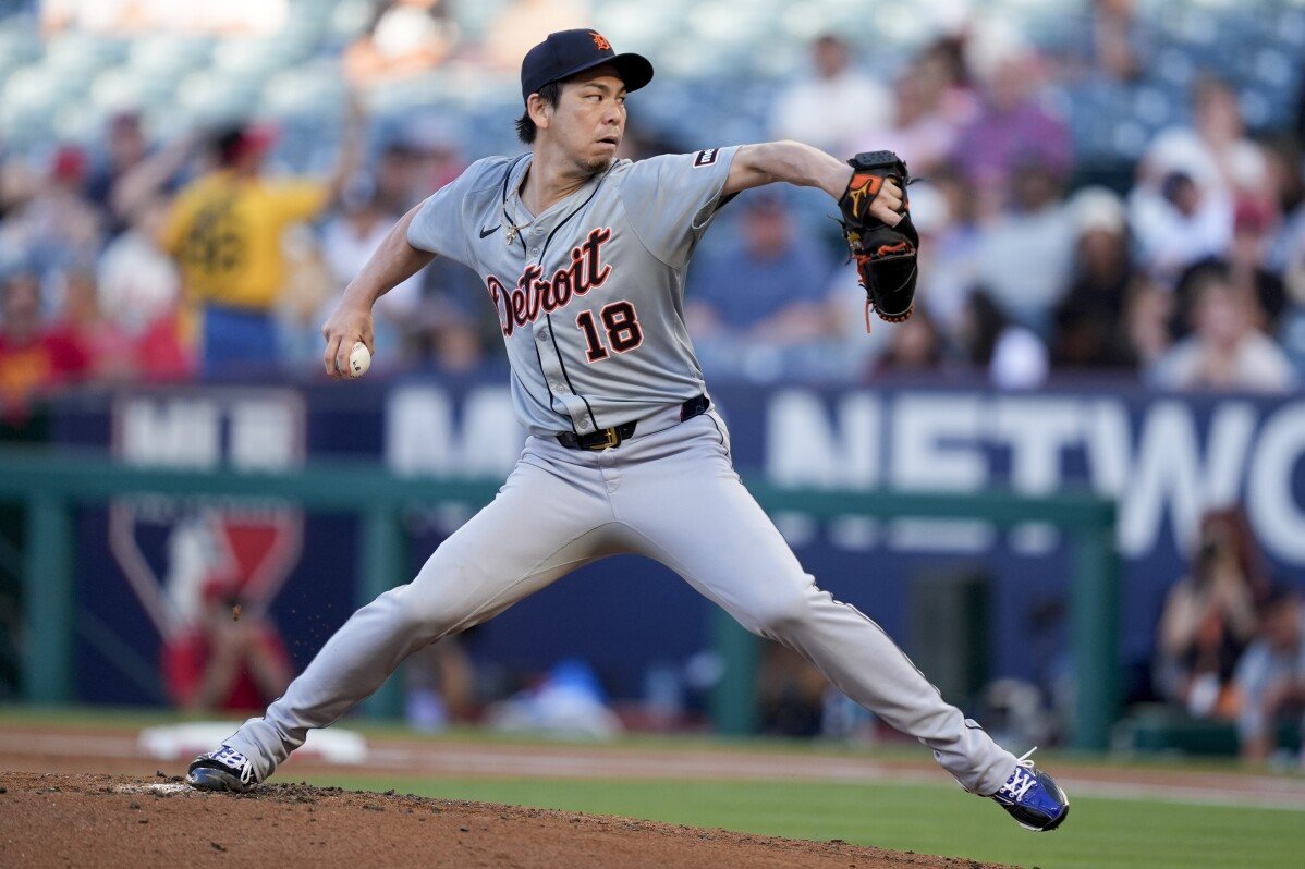 Detroit-Pitcher Kenta Maeda verlässt im 6. Inning nachdem er einen Liner an seine Hüfte genommen hat